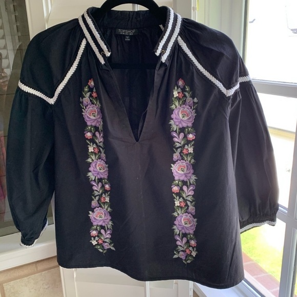 Topshop Embroidered Poplin Tie Neck Top - Picture 3 of 6